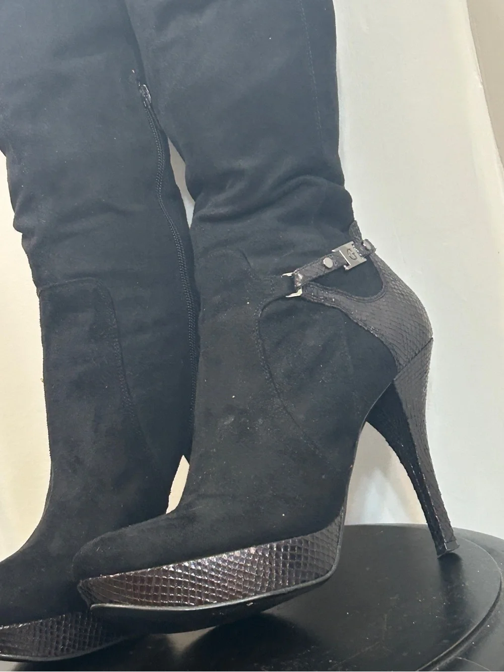 Guess Black Suede Over-the-Knee Platform Stiletto Boots with Textured Heel